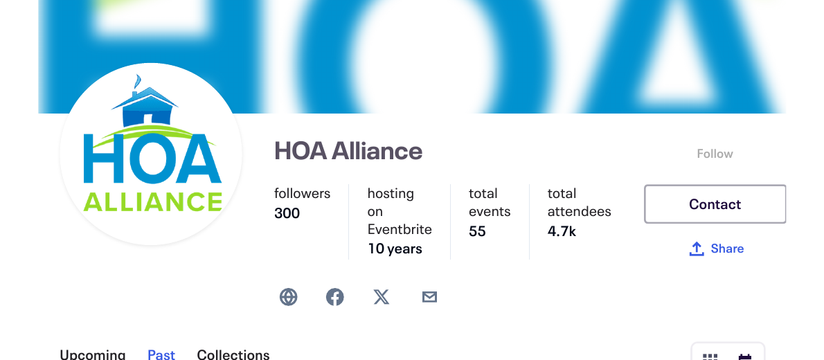 HOA Alliance Eventbrite record showing 55 events, 4.7 thousand attendees, and 10 years hosting